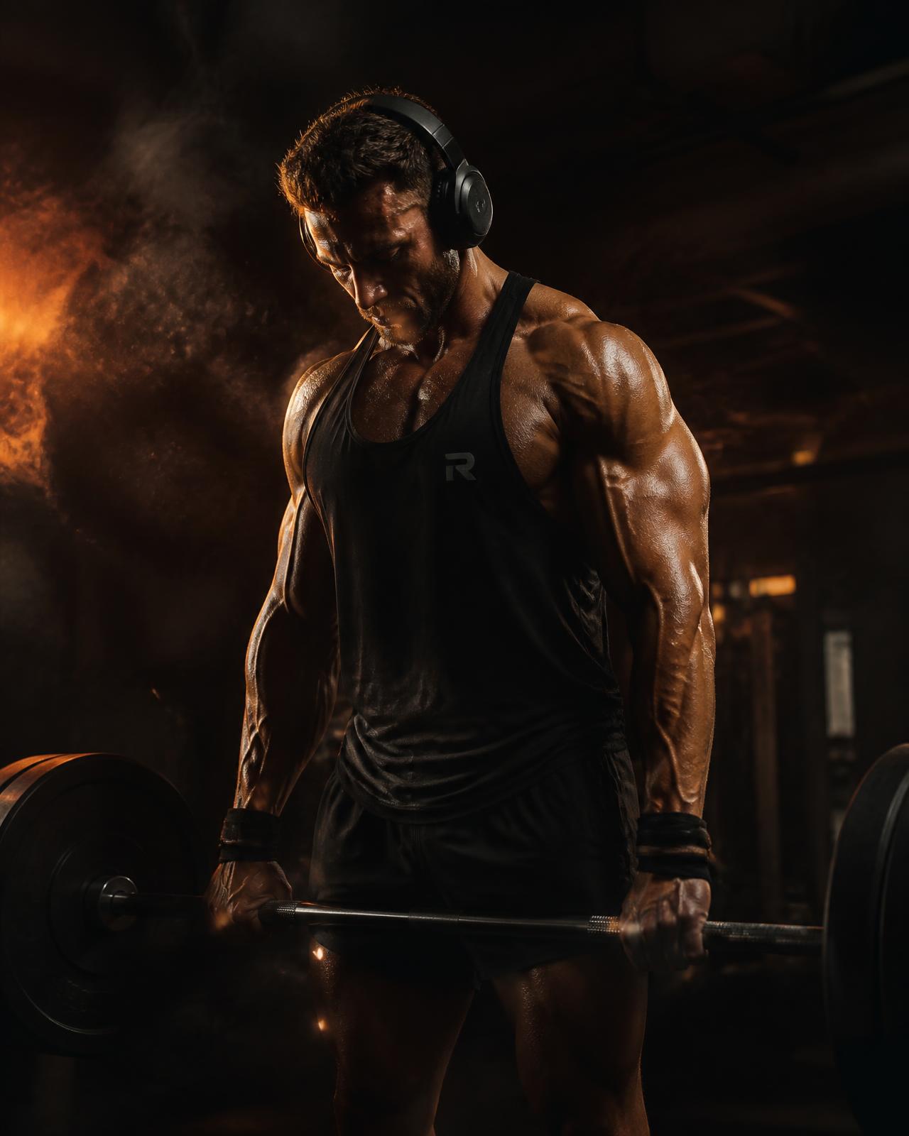 Atleta cristiano entrenando con auriculares en un gimnasio con iluminación cálida