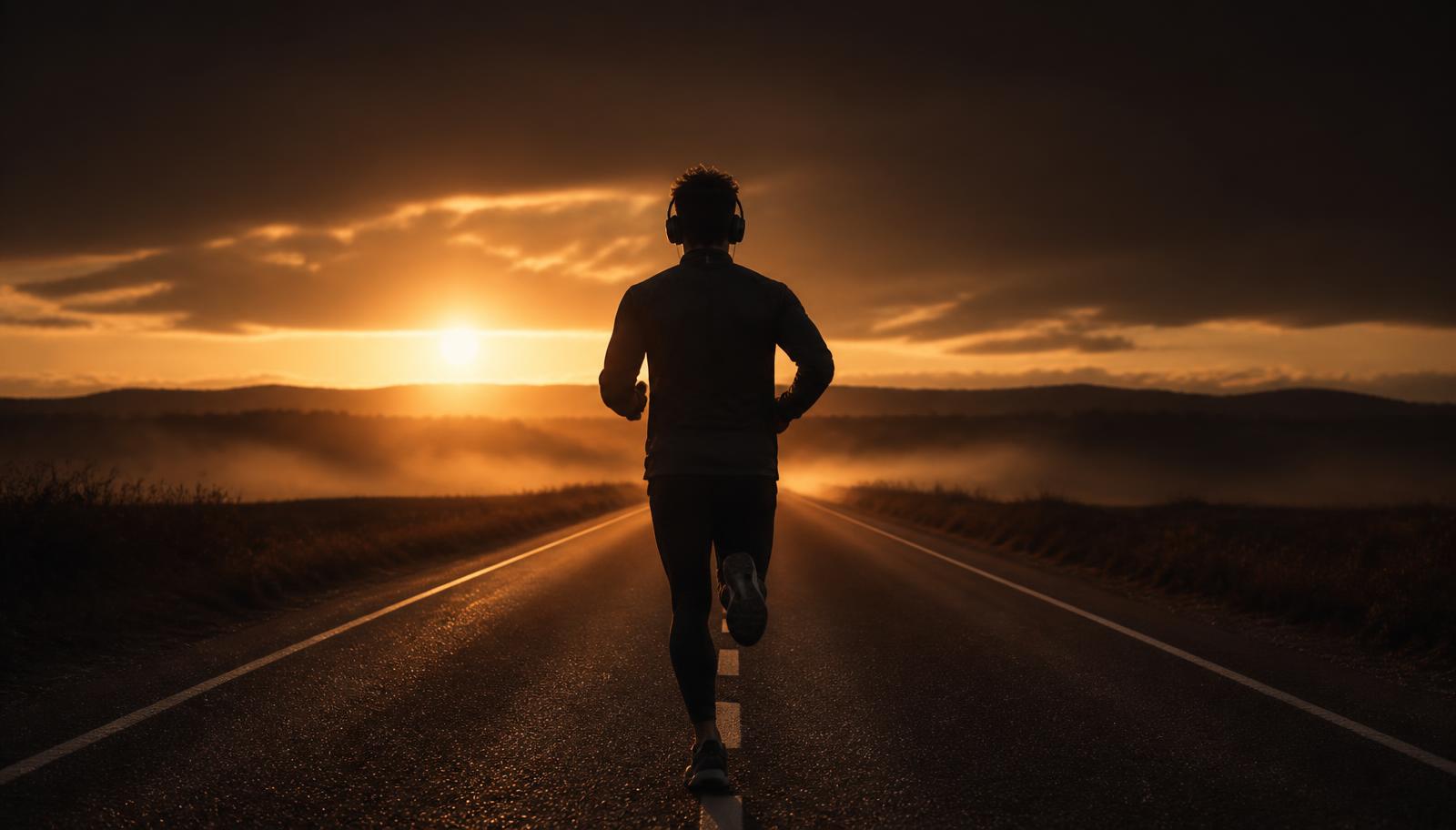 Corredor con auriculares entrenando al amanecer